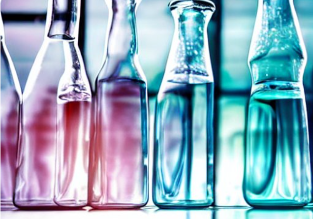 Closeup image of Chemicals in glass wonky lab bottles for checmicals in skincare