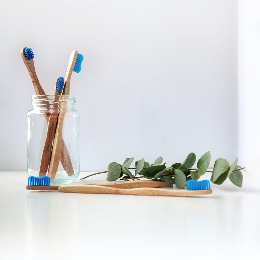 Picture of bamboo toothbrushes in a jar with a sprig of eucalyptus